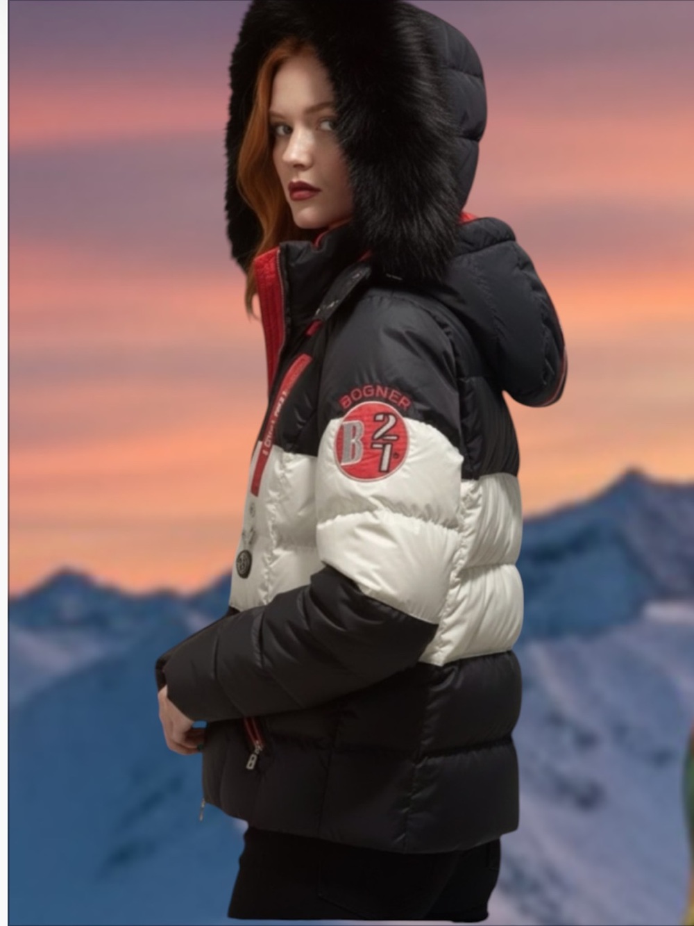 Bogner Nepal Black, White & Red Ski Puffer Jacket With Fur Trimmed Hood